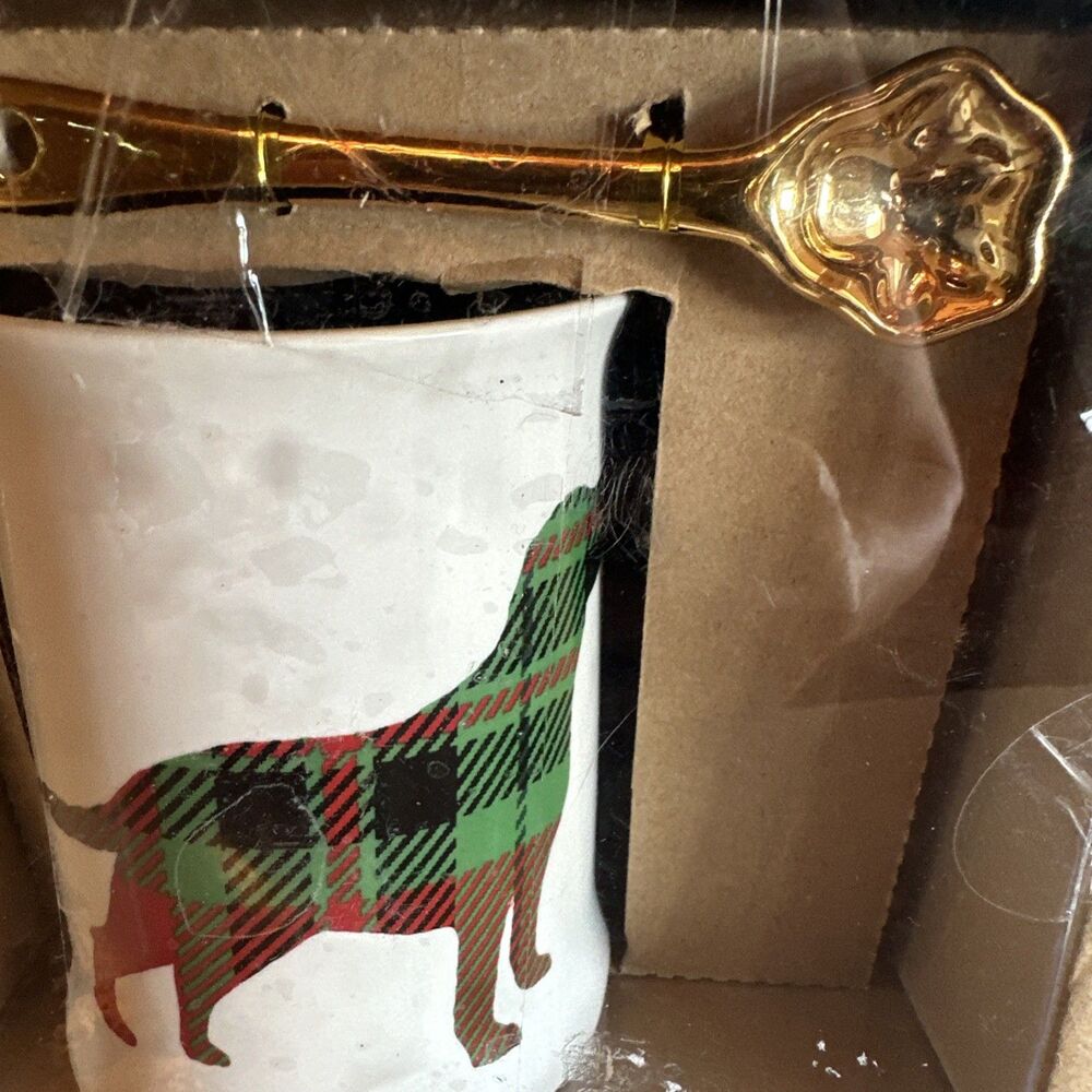 Ashland Plaid Retrieiver Dog 10 oz Coffee Mug Tasse Set w gold paw spoon NIB